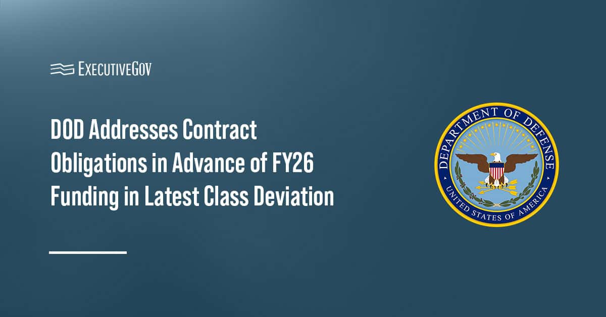 Department of Defense logo. DOD issued a class deviation for contract obligations in advance of FY 2027 funding.