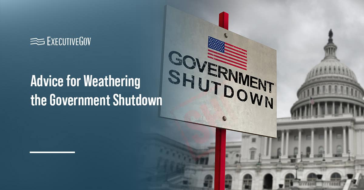 Capitol Hill with a shutdown sign. A pair of leading GovCon experts gave shutdown survival advice to industry execs.