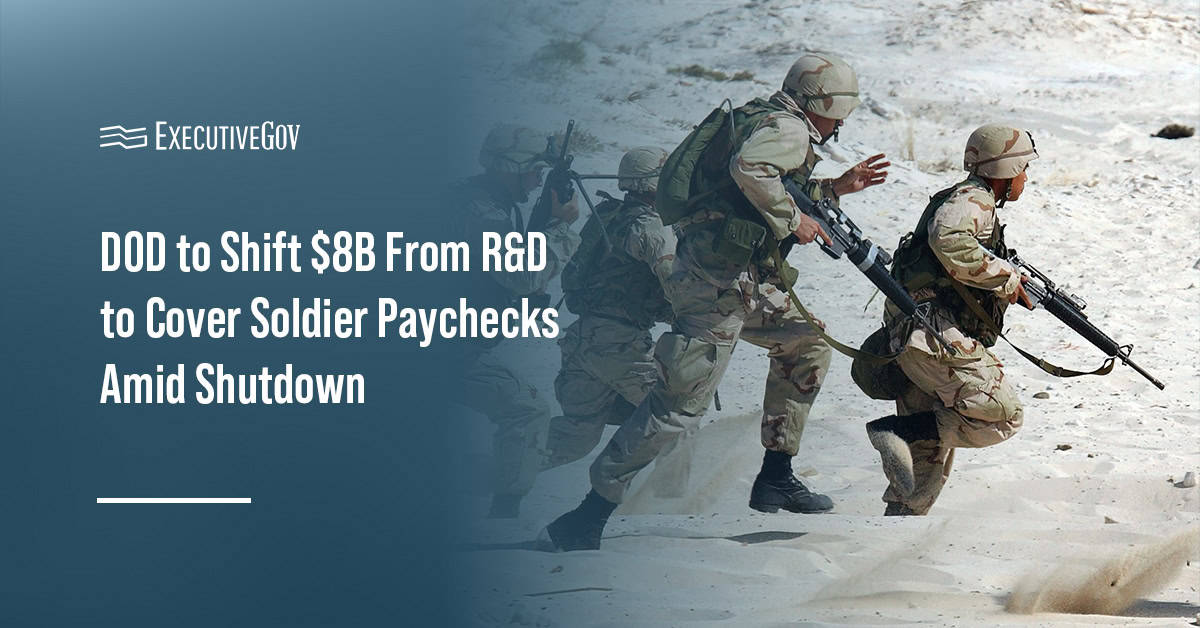 Soldiers running. DOD is preparing to shift $8 billion from unused R&D funds to ensure troops receive paychecks on Oct. 15.