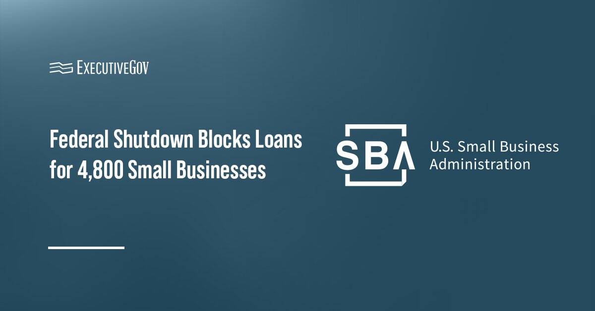 Small Business Administration logo. Federal shutdown freezes SBA 7(a) and 504 lending.