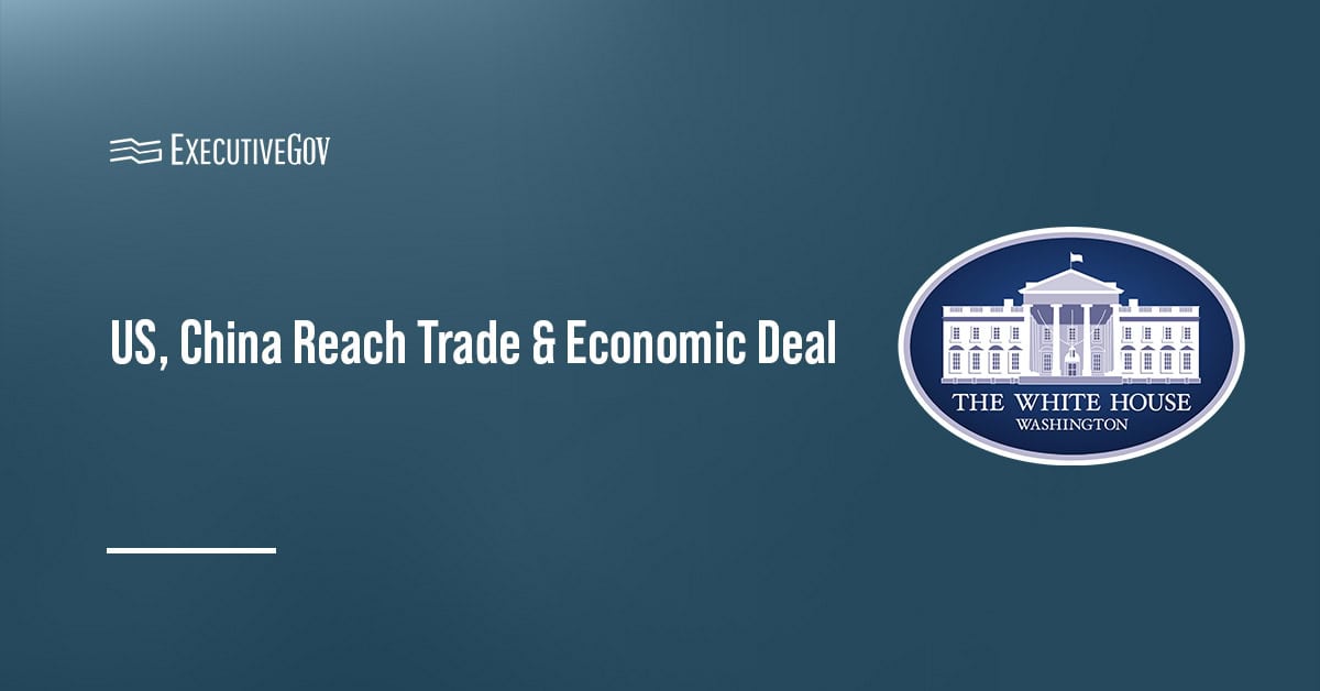White House logo. The Trump administration reached a trade and economic agreement with China.