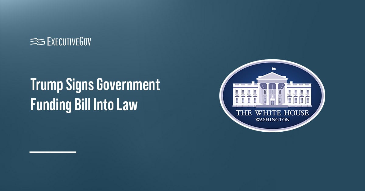 White House logo. President Trump signed into law a funding measure to end the 43-day government shutdown.