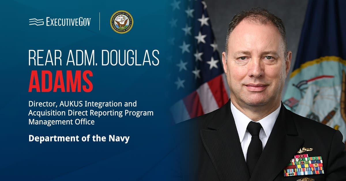 Douglas Adams. The U.S. Navy rear admiral assumed leadership of the AUKUS Integration and Acquisition program office.
