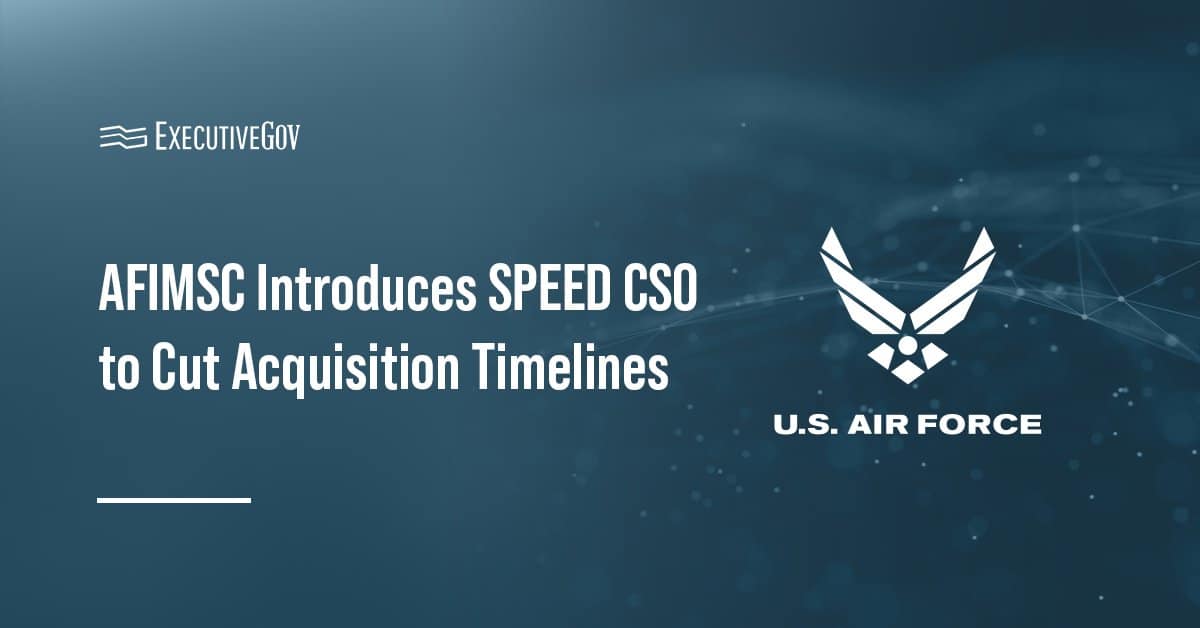 usaf-afimsc-speed-cso-acquisition US Air Force logo. AFIMSC introduced the SPEED CSO pathway to accelerate the acquisition of commercial technologies.