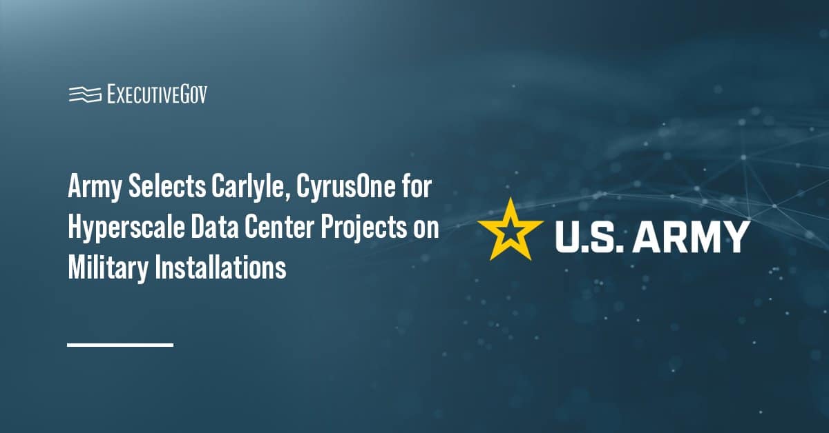 Army logo. The U.S. Army has selected Carlyle and CyrusOne to negotiate for the construction of hyperscale data centers.
