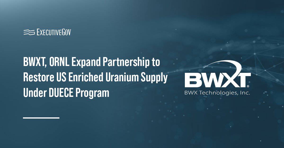 BWX Technologies logo. BWXT and Oak Ridge National Laboratory signed an MOU to advance the DUECE program