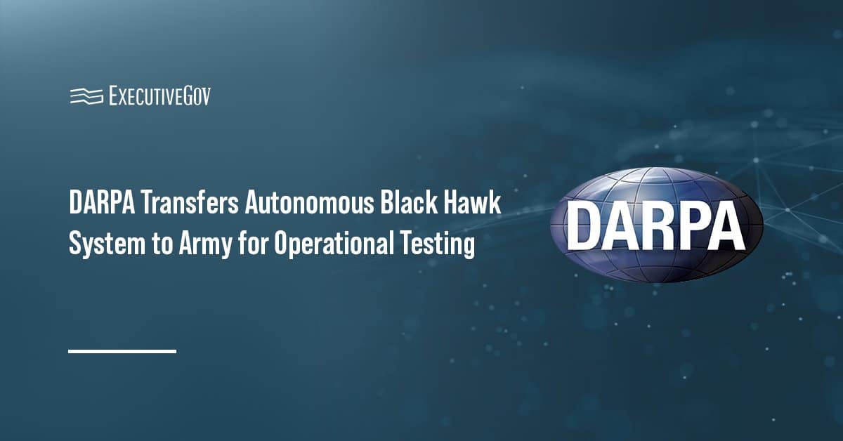 DARPA logo. The Defense Advanced Research Projects Agency has transferred an autonomous Black Hawk system to the U.S. Army.