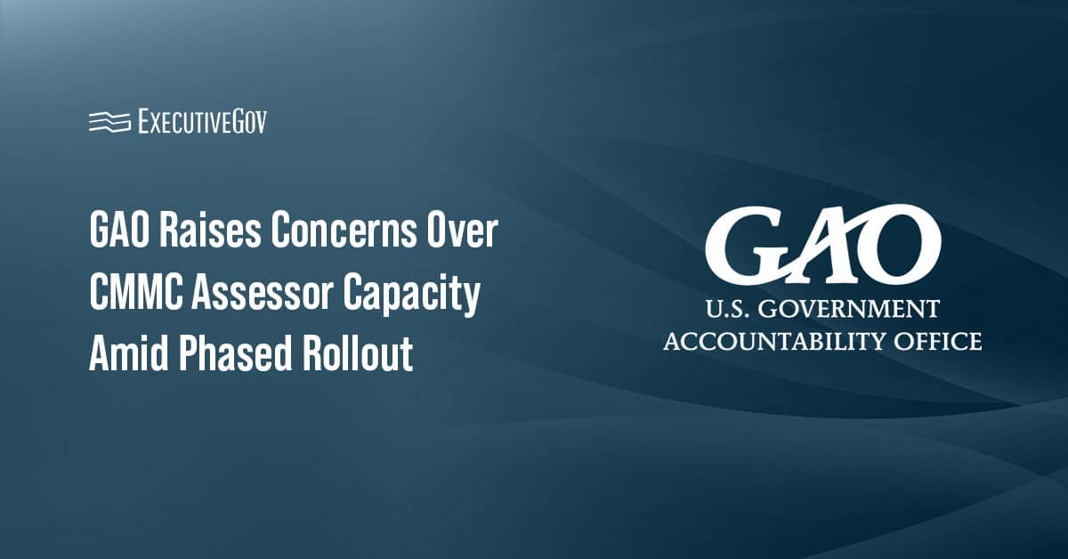 GAO logo. GAO warns that CMMC's long-term success is threatened by a lack of planning for external risks.