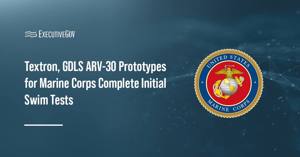 US Marine Corps logo. ARV-30 prototypes from Textron Systems and GDLS completed their first amphibious swim tests.