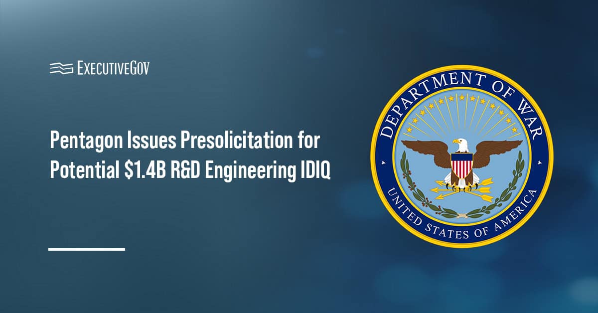 Department of War logo. DOW issued a presolicitation for the potential five-year, $1.4 billion RETS IDIQ contract vehicle.