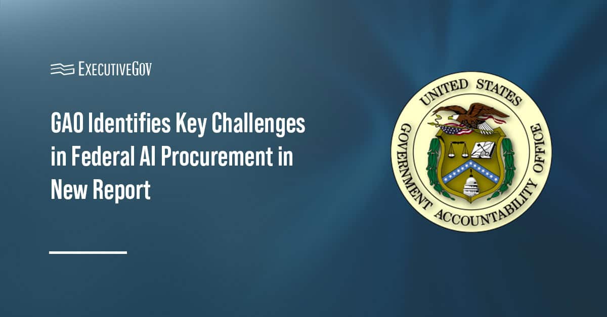 Government Accountability Office logo. A GAO report identified challenges federal agencies face in acquiring AI