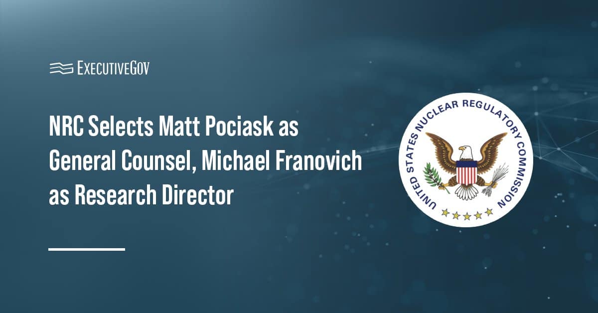 Nuclear Regulatory Commission logo. NRC appointed Matt Pociask and Michael Franovich to new roles.