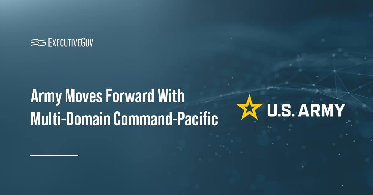 U.S. Army seal. The Army is advancing the development of Multi-Domain Command-Pacific.