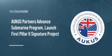 AUKUS logo. The U.S., the U.K. and Australia announced AUKUS submarine program milestones.
