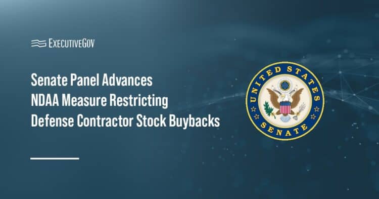 U.S. Senate seal. The Senate Armed Services Committee approved a measure restricting stock buybacks.