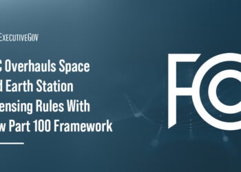 Federal Communications Commission logo. The agency has adopted new rules overhauling Earth and space station licensing.