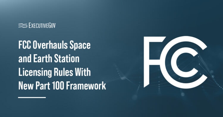 Federal Communications Commission logo. The agency has adopted new rules overhauling Earth and space station licensing.