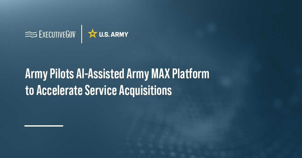 U.S. Army logo. The U.S. Army is developing Army MAX, an AI-assisted platform intended to accelerate service acquisitions.