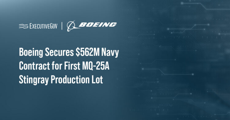 Boeing logo. Boeing has received a $562 million Navy contract for MQ-25A Stingray production.