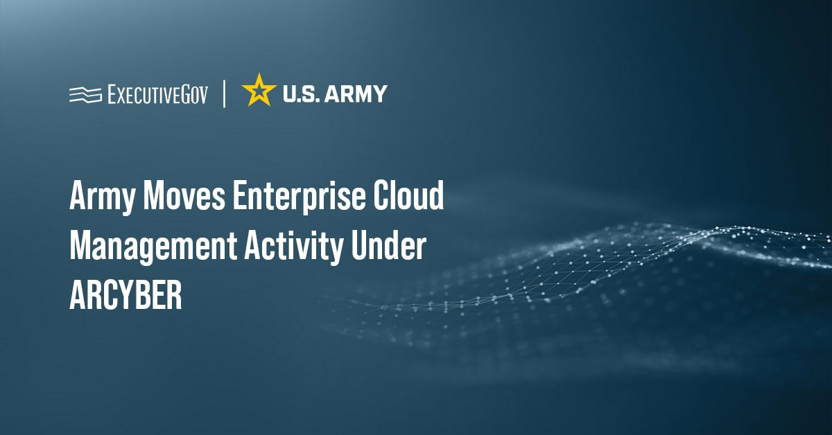 U.S. Army logo. The U.S. Army Cyber Command takes oversight of the Enterprise Cloud Management Activity in a cloud management reorganization.