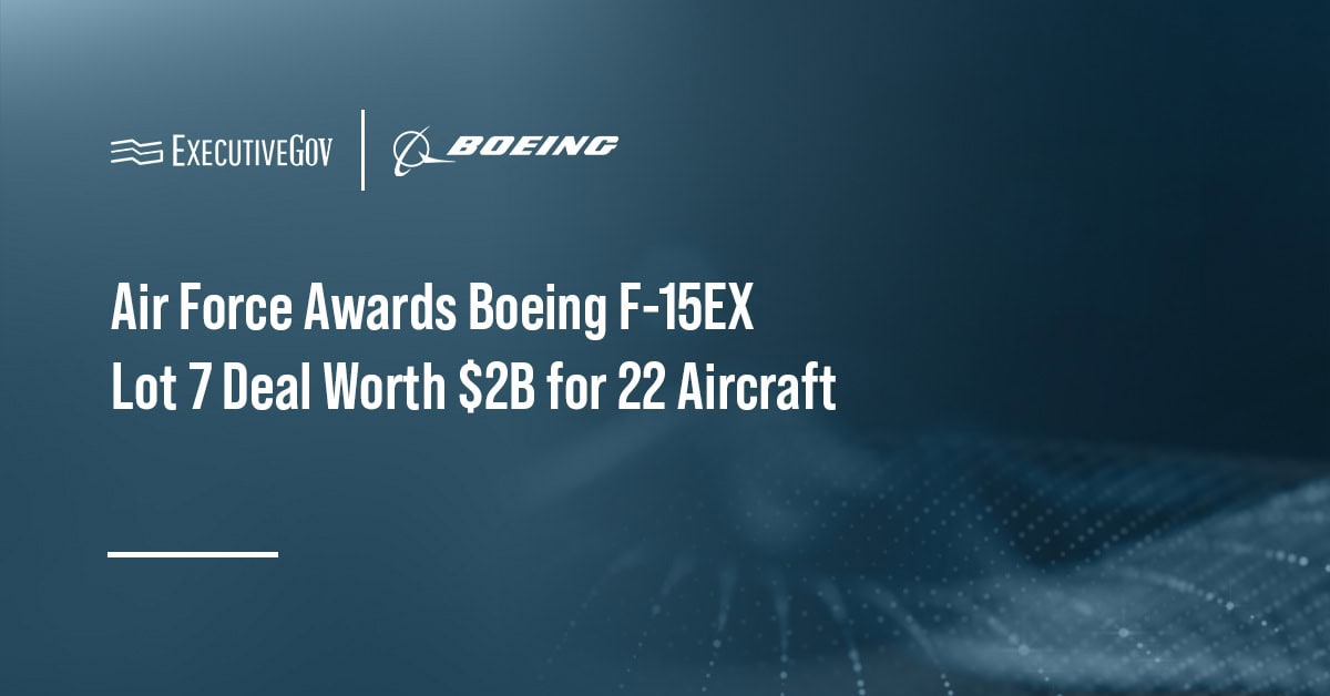 Boeing logo. The company secured a $2B Air Force deal for Lot 7 of F-15EX aircraft.